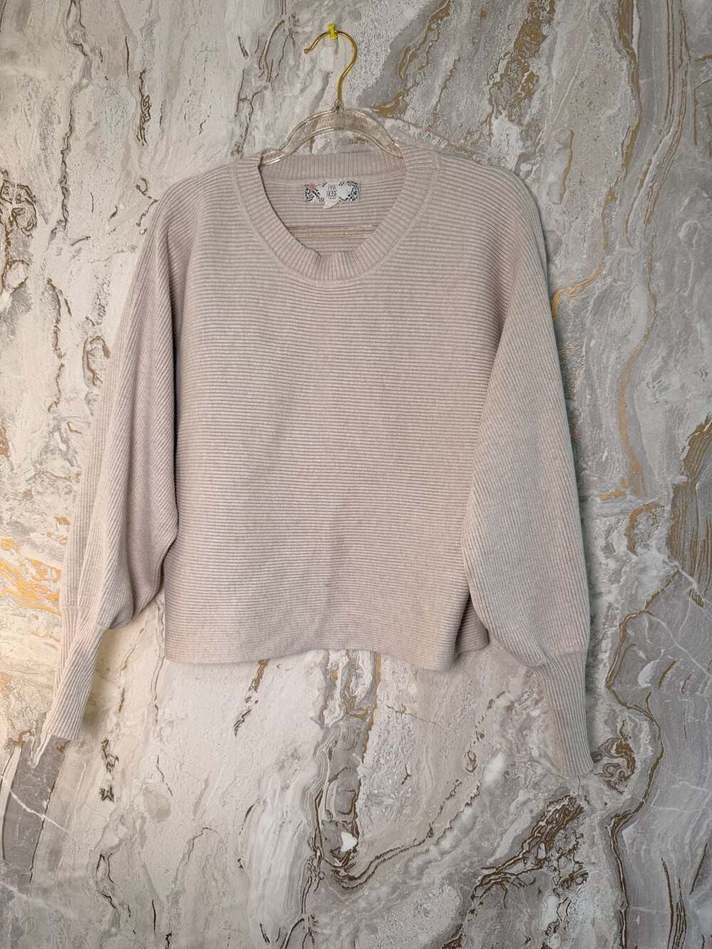 Pink Rose Vintage Women's Beige Ribbed Pullover Sweater with Batwing Sleeves